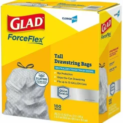 CloroxPro Glad ForceFlex Tall Kitchen Drawstring Trash Bags, 0.9 mil, 13 Gallon, Grey, Box Of 100