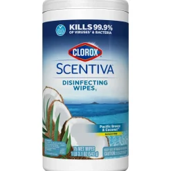 Clorox Scentiva Bleach-Free Cleaning Wipes, Pacific Breeze & Coconut Scent, 7" x 7-1/4", Canister Of 75 Wipes
