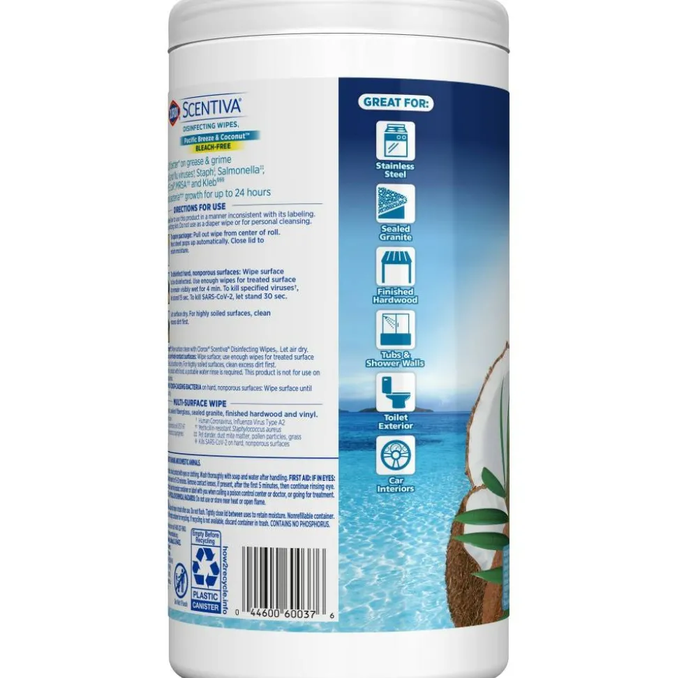Clorox Scentiva Bleach-Free Cleaning Wipes, Pacific Breeze & Coconut Scent, 7" x 7-1/4", Canister Of 75 Wipes