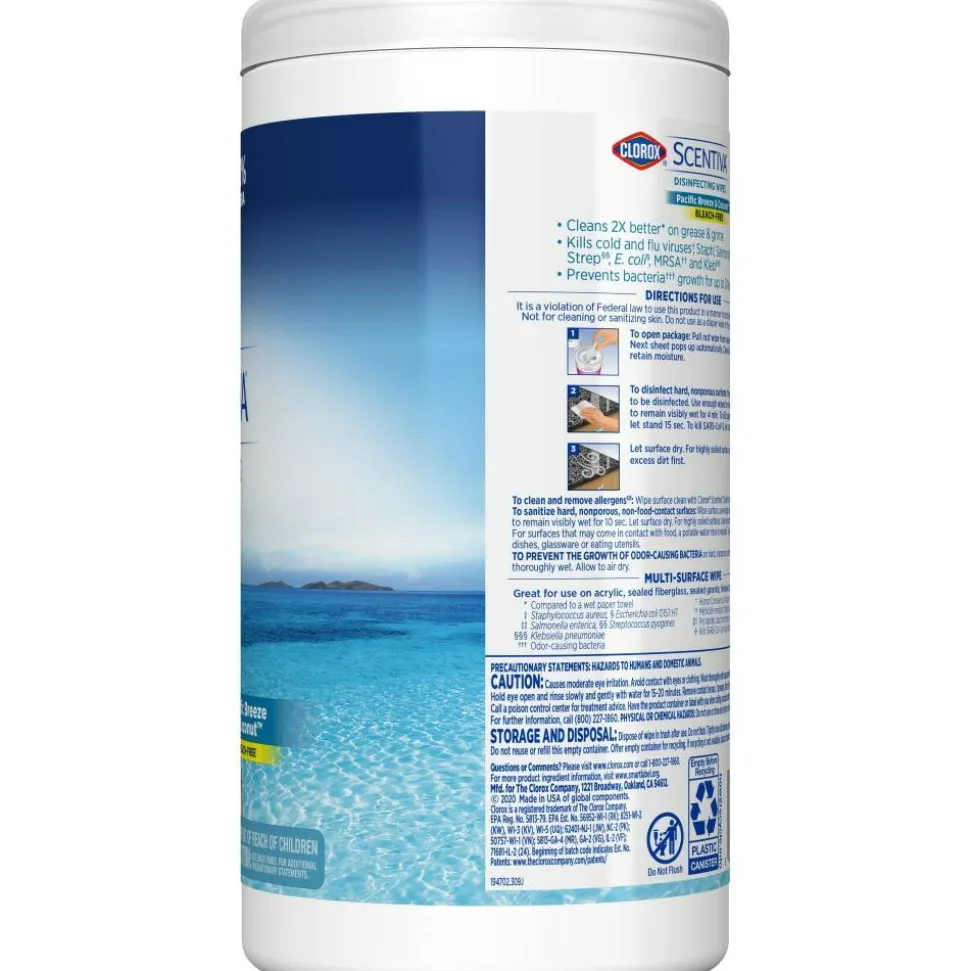 Clorox Scentiva Bleach-Free Cleaning Wipes, Pacific Breeze & Coconut Scent, 7" x 7-1/4", Canister Of 75 Wipes
