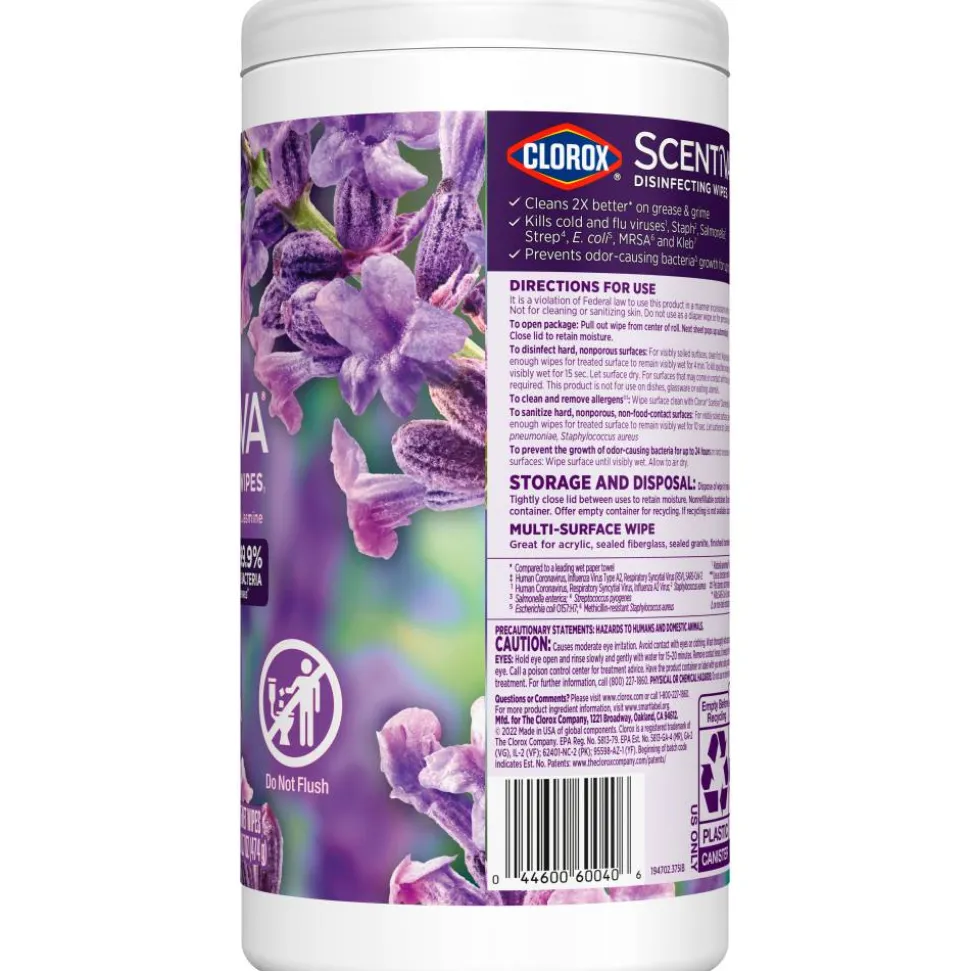 Clorox Scentiva Wipes, Bleach Free Cleaning Wipes, Lavender & Jasmine, 75 Count (60040)