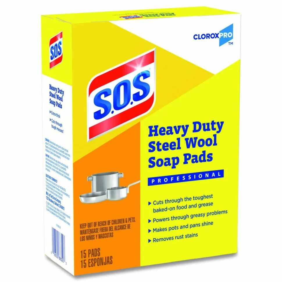 Clorox S.O.S. Steel Wool Heavy-Duty Soap Pads, 15 Per Box, Case Of 12 Boxes