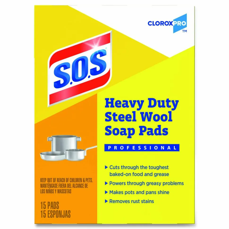 Clorox S.O.S. Steel Wool Heavy-Duty Soap Pads, 15 Per Box, Case Of 12 Boxes
