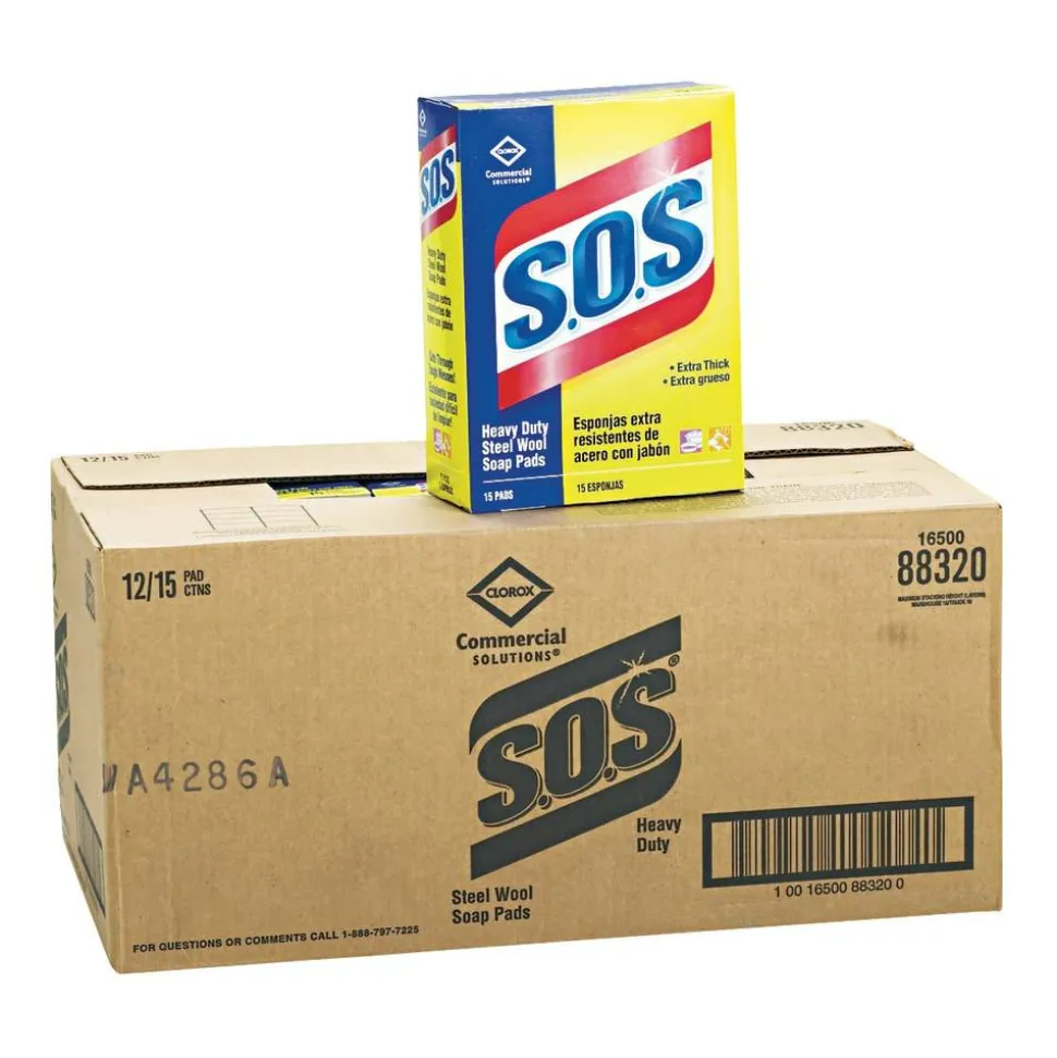 Clorox S.O.S. Steel Wool Heavy-Duty Soap Pads, 15 Per Box, Case Of 12 Boxes