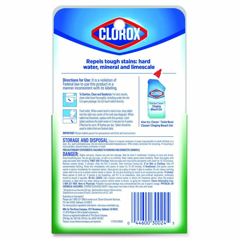 Clorox Ultra Clean Toilet Tablets Bleach - 3.50 oz (0.22 lb) - Deodorize - White - 2/Pack - 6 / Carton