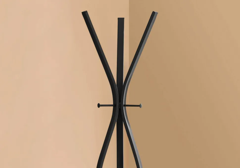 Coat Rack, Hall Tree, Free Standing, 3 Hooks, Entryway, 72"H, Bedroom, Black Metal, Contemporary, Modern