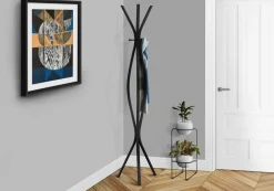 Coat Rack, Hall Tree, Free Standing, 3 Hooks, Entryway, 72"H, Bedroom, Black Metal, Contemporary, Modern