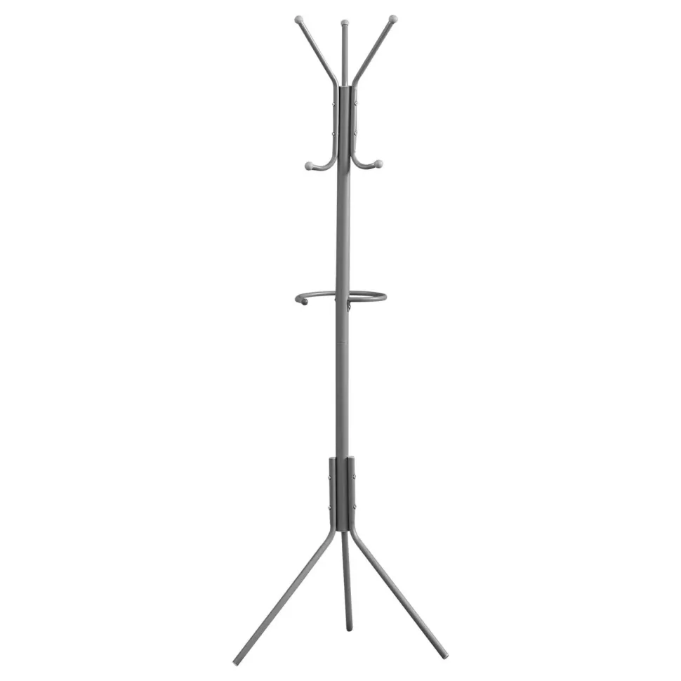 Coat Rack, Hall Tree, Free Standing, Hanging Bar, 6 Hooks, Entryway, 68"H, Bedroom, Grey Metal, Contemporary, Modern