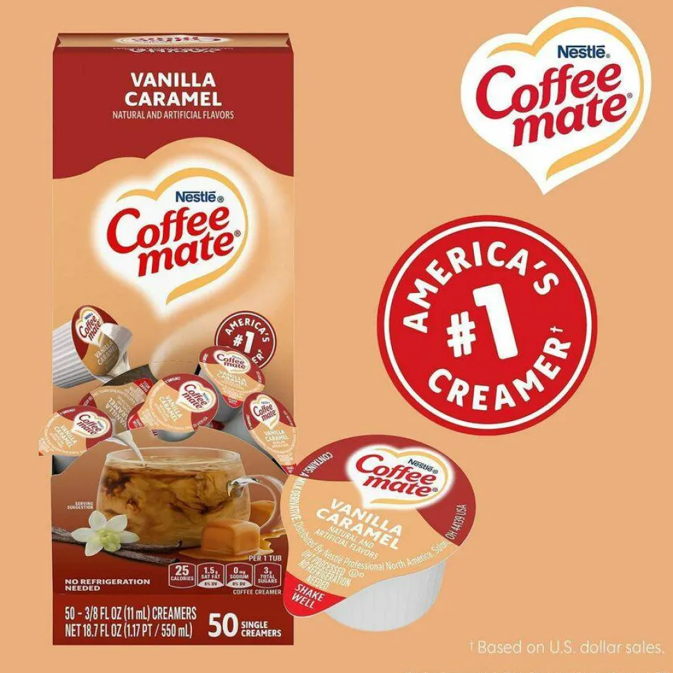 Coffee mate Liquid Coffee Creamer, Vanilla Caramel, 0.38 oz Mini Cups, 50/Box, 4 Boxes/Carton