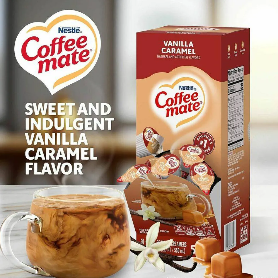Coffee mate Liquid Coffee Creamer, Vanilla Caramel, 0.38 oz Mini Cups, 50/Box, 4 Boxes/Carton