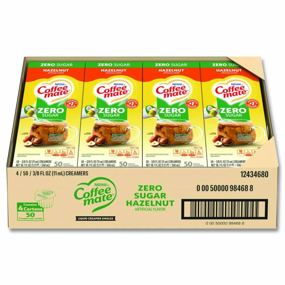 Coffee mate Liquid Coffee Creamer, Zero Sugar Hazelnut, 0.38 oz Mini Cups, 50/Box, 4 Boxes/Carton