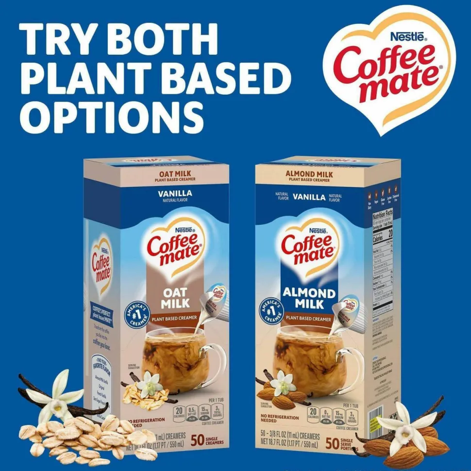 Coffee mate Plant-Based Almond Milk Non-Dairy Liquid Creamer Singles, Natural Vanilla, 0.38 oz Mini Cups, 200/Carton