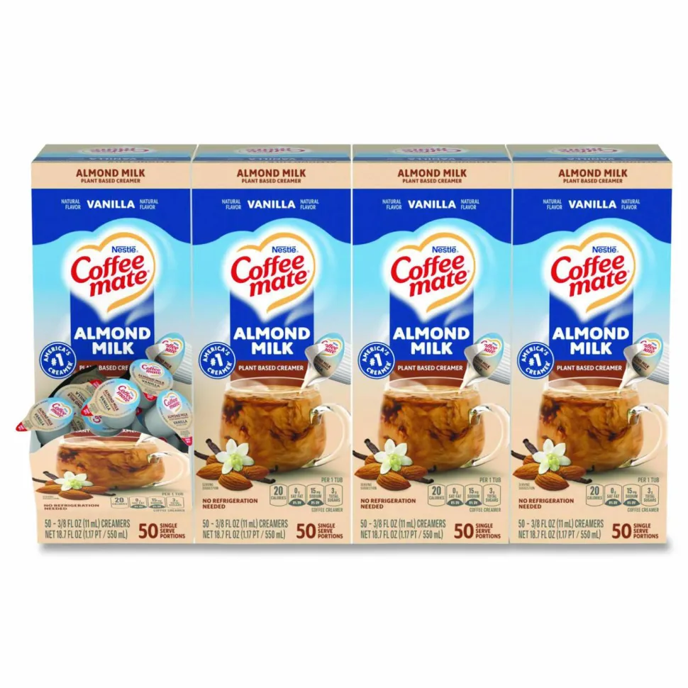 Coffee mate Plant-Based Almond Milk Non-Dairy Liquid Creamer Singles, Natural Vanilla, 0.38 oz Mini Cups, 200/Carton