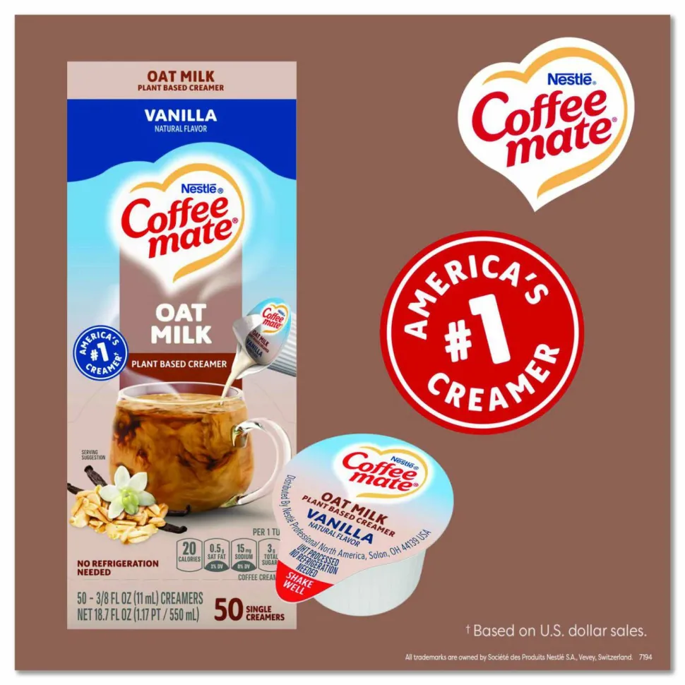 Coffee mate Plant-Based Oat Milk Liquid Creamers, Natural Vanilla, 0.38 oz Mini Cups, 50/Box