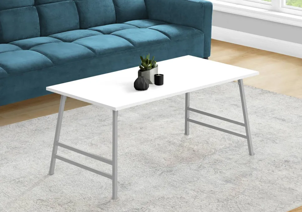 Coffee Table, Accent, Cocktail, Rectangular, Living Room, 40"L, White Laminate, Grey Metal, Contemporary, Modern
