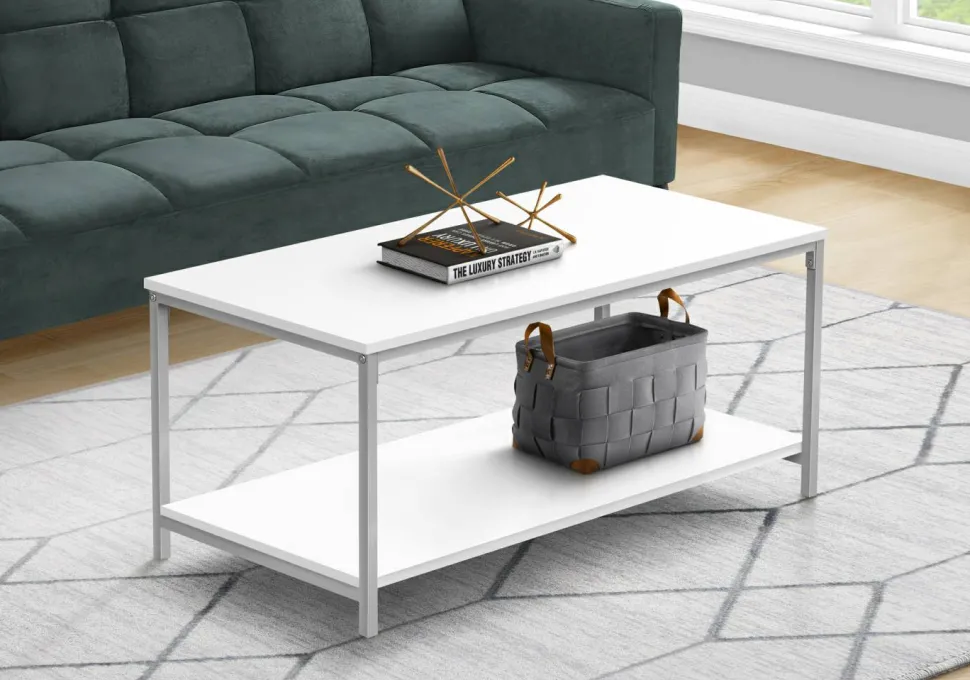 Coffee Table, Accent, Cocktail, Rectangular, Living Room, 40"L, White Laminate, Grey Metal, Contemporary, Modern