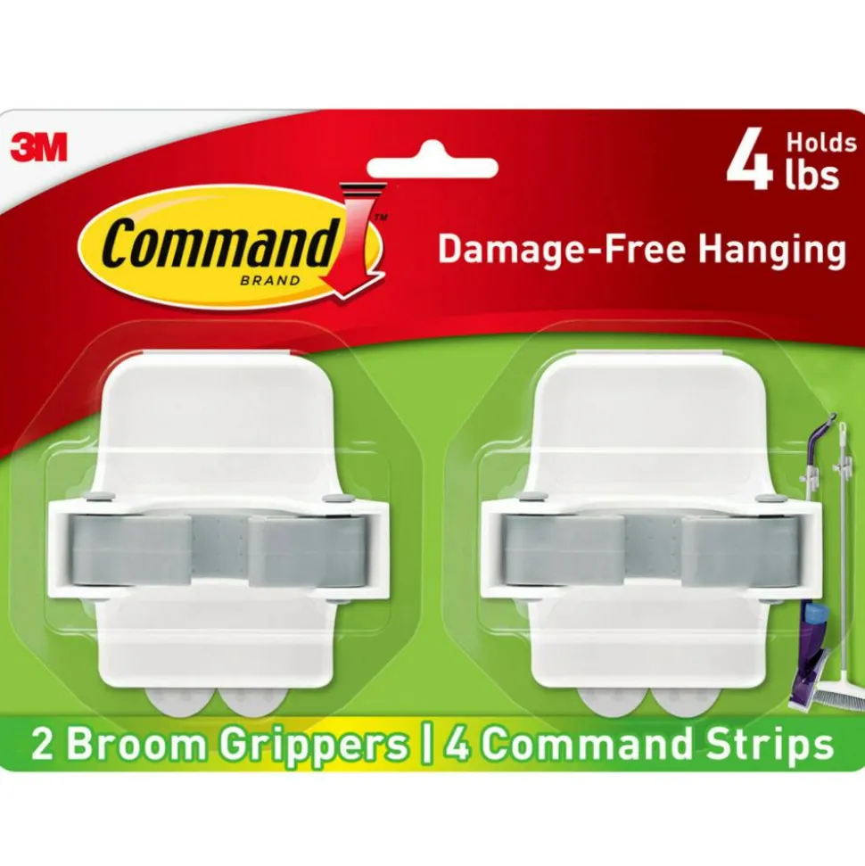 Command Broom Gripper, 2 Broom Gripper Hooks, 4 White Adhesive Strips, Damage Free Hanging Picture Hangers, No Tools Wall Hanging Strips
