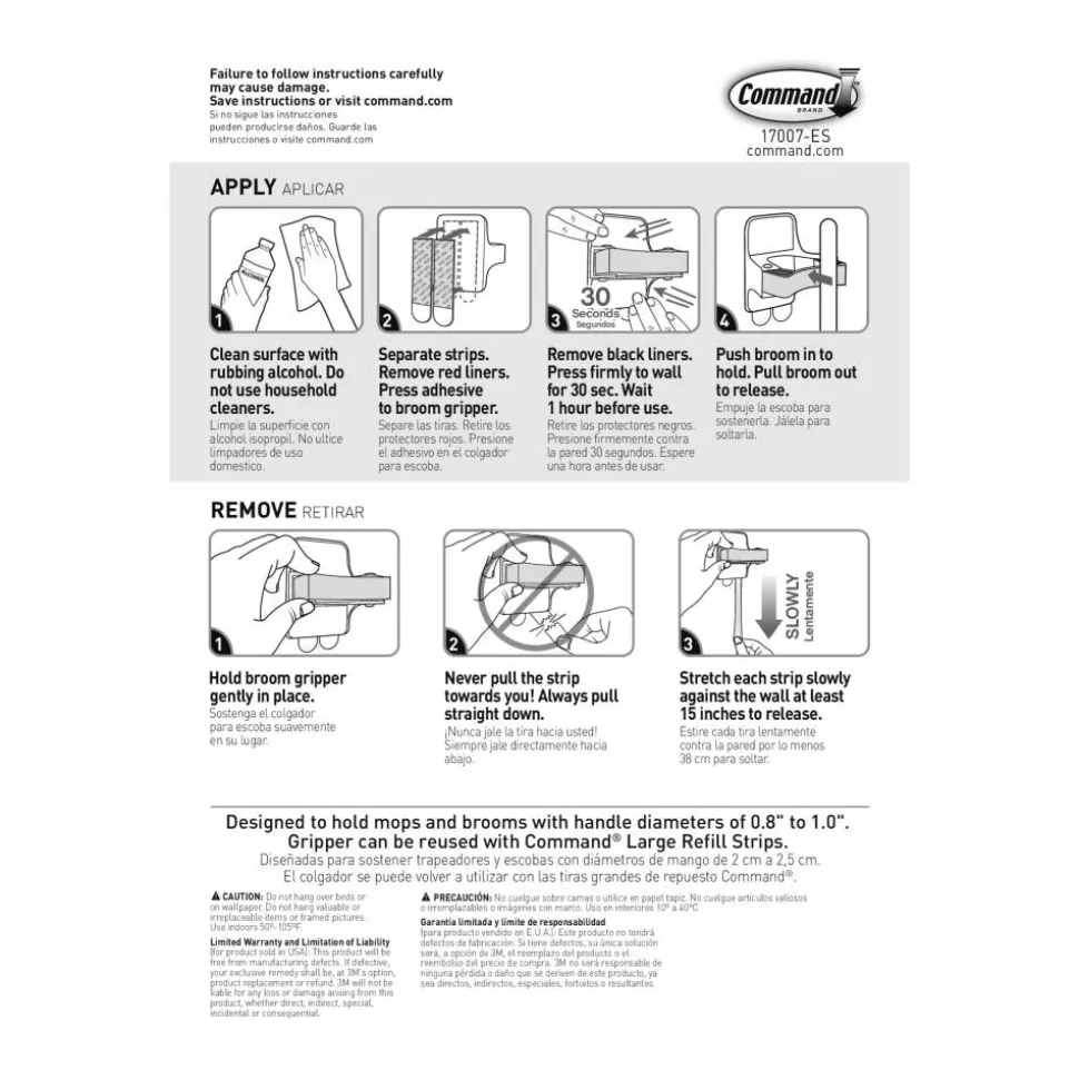 Command Broom Gripper, 2 Broom Gripper Hooks, 4 White Adhesive Strips, Damage Free Hanging Picture Hangers, No Tools Wall Hanging Strips