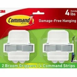 Command Broom Gripper, 2 Broom Gripper Hooks, 4 White Adhesive Strips, Damage Free Hanging Picture Hangers, No Tools Wall Hanging Strips