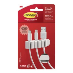 Command 5-Cord Clip Organizer, 4 White Clips, 8 Strips, 1 Clip Holds 5 Charging Cords, Great for Damage-Free Electronics Organization Under Desk