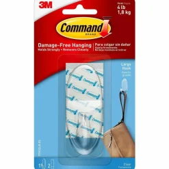 Command Large Hook With Clear Strips, 4 lb (1.81 kg) Capacity, For Decoration, Plastic, Clear, 1 Hook, 2 Strips