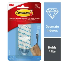 Command Large Hook With Clear Strips, 4 lb (1.81 kg) Capacity, For Decoration, Plastic, Clear, 1 Hook, 2 Strips