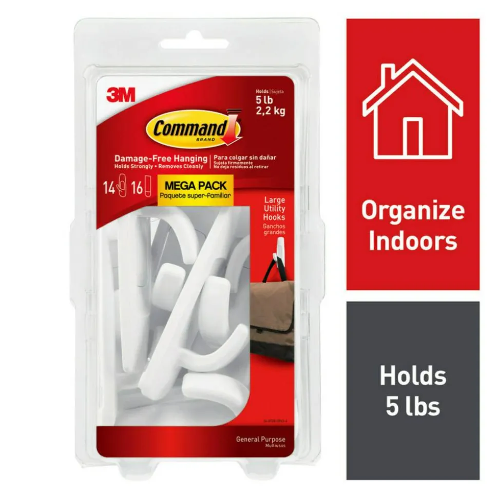 Command Large Utility Hooks, 14 Hooks, 16 White Adhesive Strips, Damage Free Hanging Picture Hangers, No Tools Wall Hanging Strips For Living Spaces