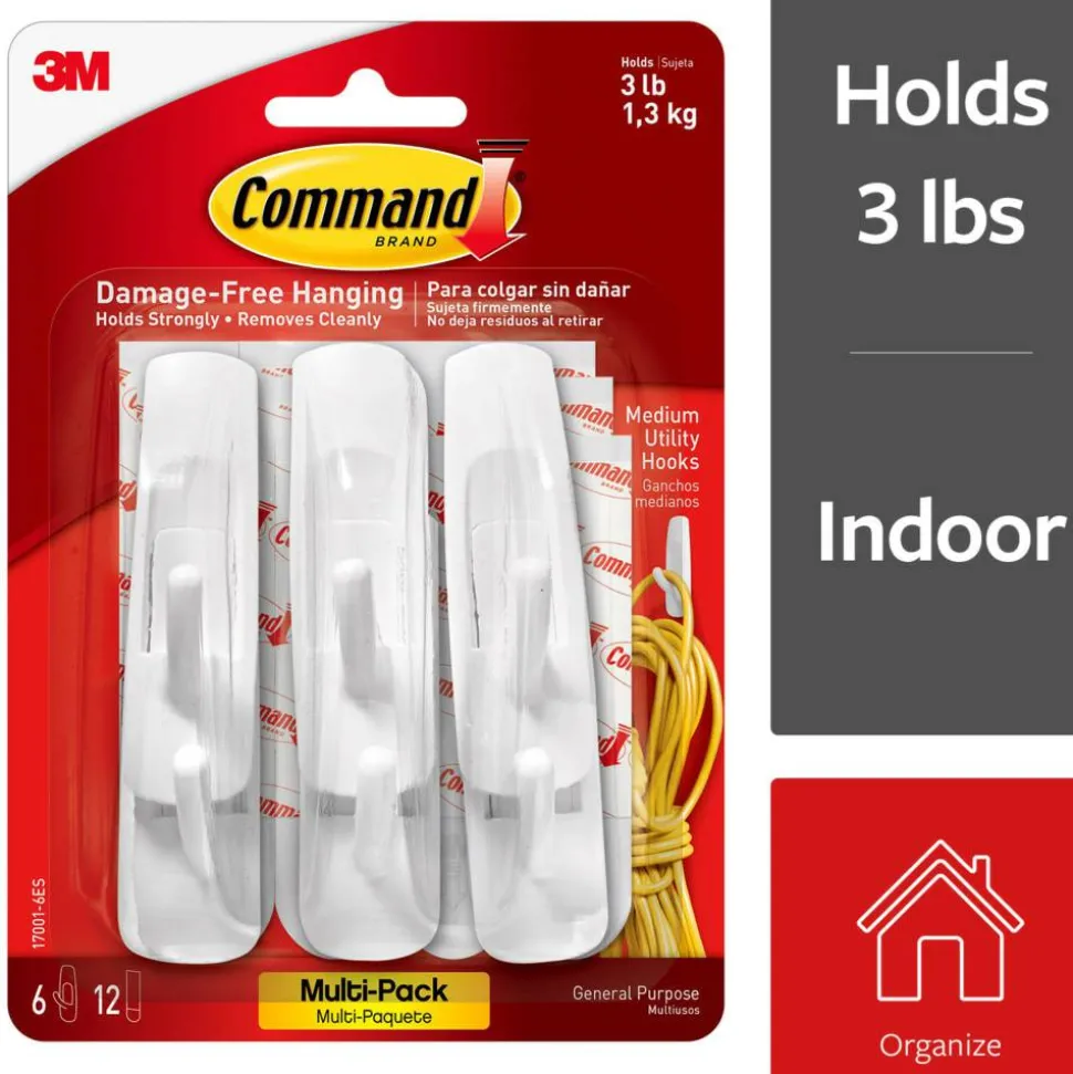 Command Medium Hooks, 6 Hooks, 12 Adhesive Strips, Damage Free Hanging Picture Hangers, No Tools Wall Hanging Strips