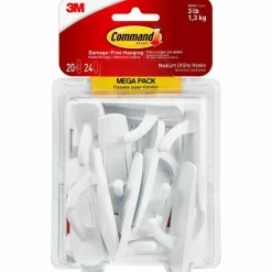 Command Medium Utility Hooks, 20 Hooks, 24 White Adhesive Strips, Damage Free Hanging Picture Hangers, No Tools Wall Hanging Strips For Living Spaces