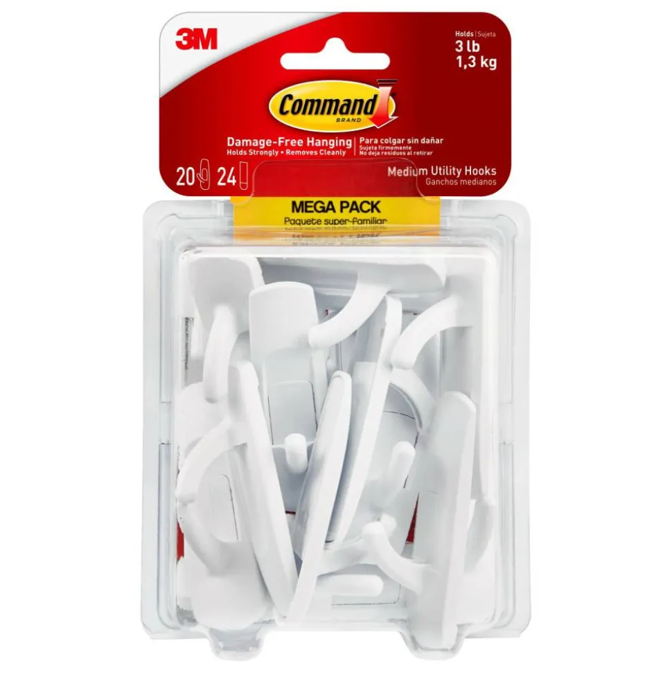 Command Medium Utility Hooks, 20 Hooks, 24 White Adhesive Strips, Damage Free Hanging Picture Hangers, No Tools Wall Hanging Strips For Living Spaces