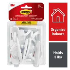 Command Medium Utility Hooks, 20 Hooks, 24 White Adhesive Strips, Damage Free Hanging Picture Hangers, No Tools Wall Hanging Strips For Living Spaces
