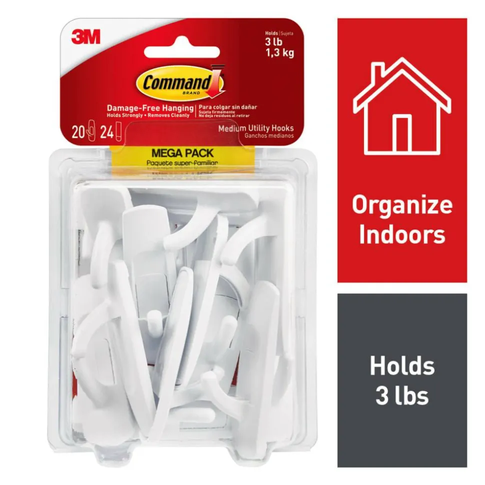 Command Medium Utility Hooks, 20 Hooks, 24 White Adhesive Strips, Damage Free Hanging Picture Hangers, No Tools Wall Hanging Strips For Living Spaces