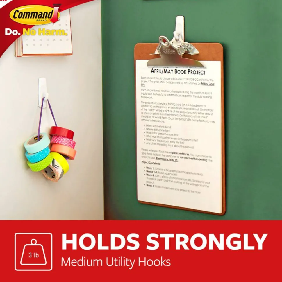 Command Medium Utility Hooks, 2 Hooks, 4 White Adhesive Strips, Damage Free Hanging Picture Hangers, No Tools Wall Hanging Strips For Living Spaces