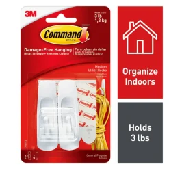 Command Medium Utility Hooks, 2 Hooks, 4 White Adhesive Strips, Damage Free Hanging Picture Hangers, No Tools Wall Hanging Strips For Living Spaces