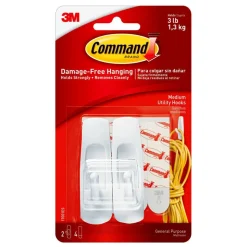 Command Medium Utility Hooks, 2 Hooks, 4 White Adhesive Strips, Damage Free Hanging Picture Hangers, No Tools Wall Hanging Strips For Living Spaces