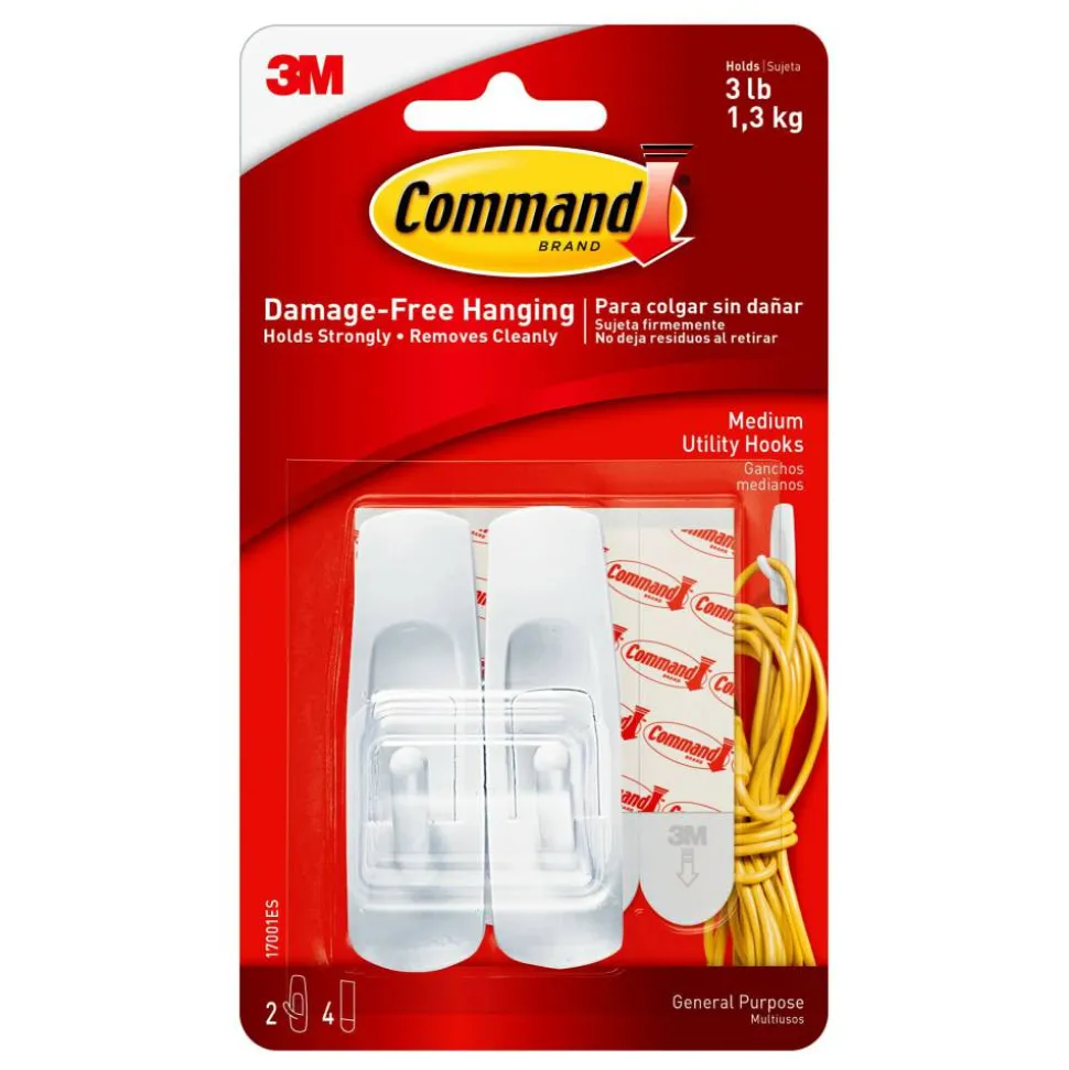 Command Medium Utility Hooks, 2 Hooks, 4 White Adhesive Strips, Damage Free Hanging Picture Hangers, No Tools Wall Hanging Strips For Living Spaces