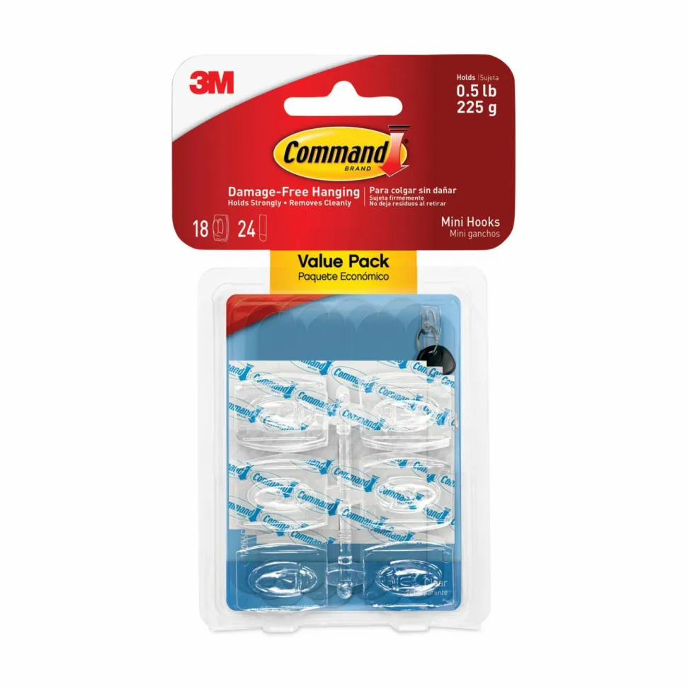 Command Mini Clear Hooks, Plastic, Supports 0.5 lb, 18/Pack