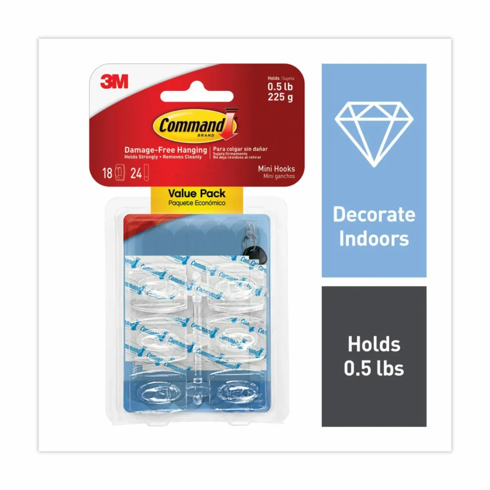 Command Mini Clear Hooks, Plastic, Supports 0.5 lb, 18/Pack