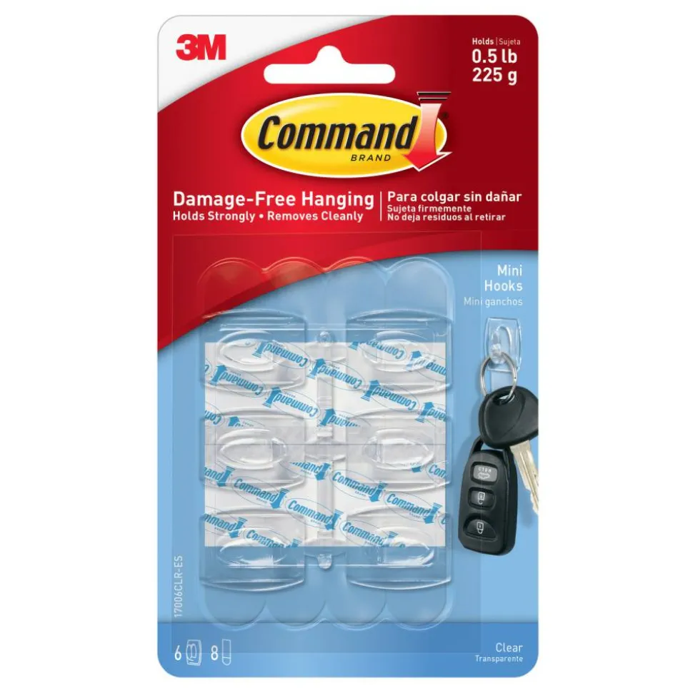 Command Mini Wall Hooks, 6 Command Hooks, 8 Command Strips, Damage Free Hanging of Dorm Room Decorations, Clear