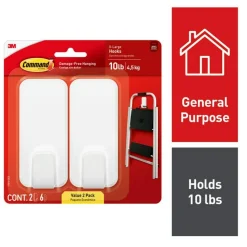 Command X-Large Hooks, 2 Hooks, 6 White Adhesive Strips, Damage Free Hanging Picture Hangers, No Tools Wall Hanging Strips For Living Spaces