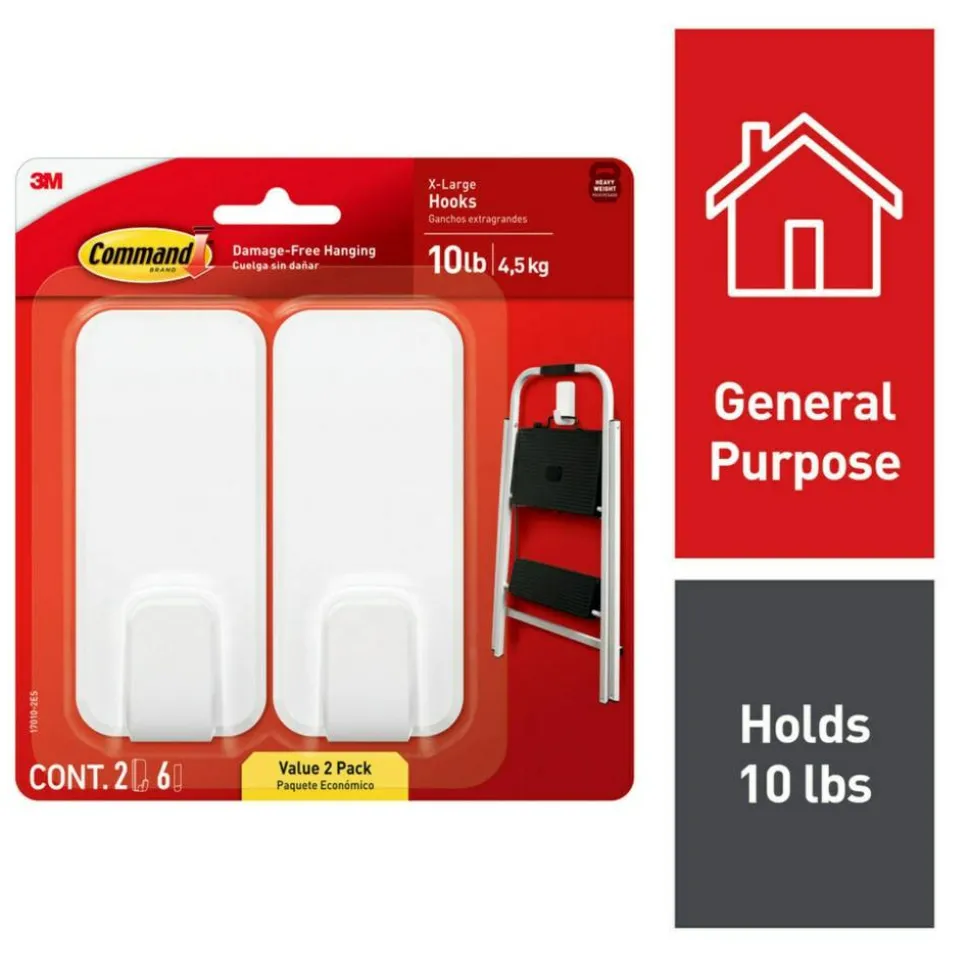 Command X-Large Hooks, 2 Hooks, 6 White Adhesive Strips, Damage Free Hanging Picture Hangers, No Tools Wall Hanging Strips For Living Spaces