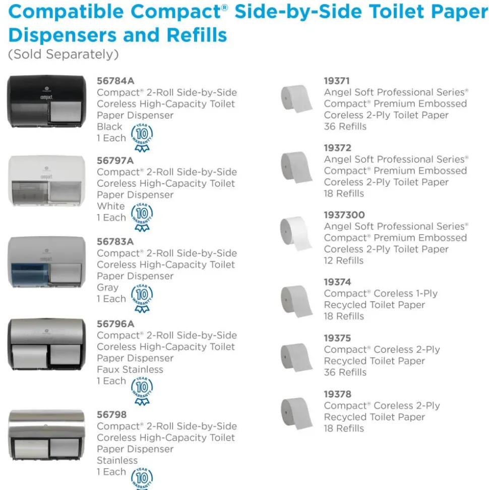 Compact by GP PRO, 2-Roll Side-by-Side Coreless High-Capacity Toilet Paper Dispenser, 56784A, 10.12" x 6.75" x 7.12", Black, 1 Dispenser