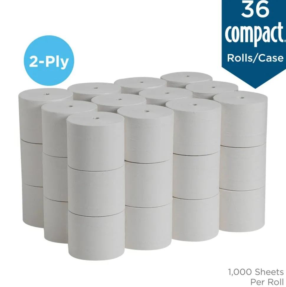 Compact Coreless Toilet Paper, 2-Ply, 4" x 3.8" Sheets, 100% Recycled Fiber, White, 1000 Sheets, 36 Rolls per Case
