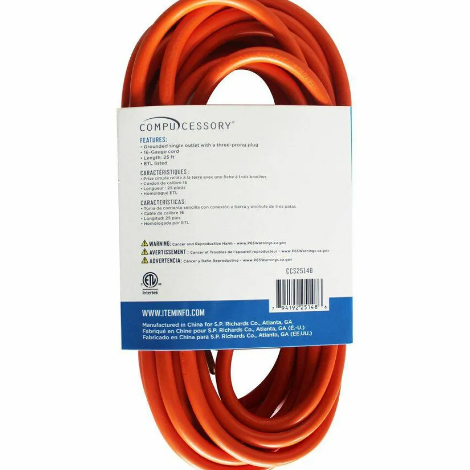 Compucessory Heavy-duty Indoor/Outdoor Extsn Cord - 16 Gauge - 125 V AC / 13 A - Orange - 25 ft Cord Length - 1