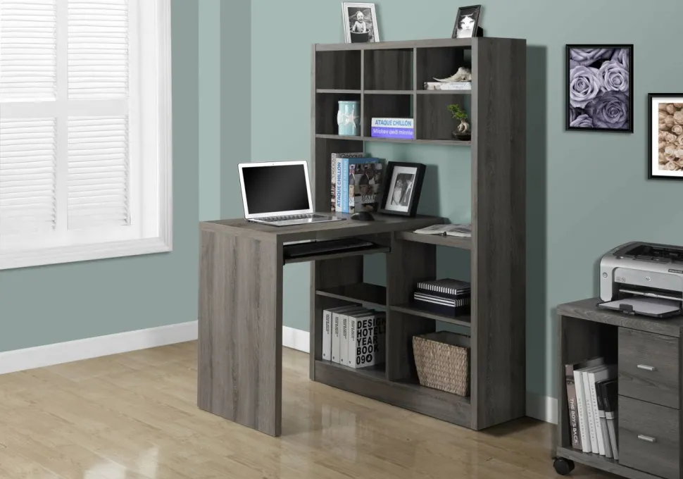 Computer Desk, Home Office, Bookcase, Corner, Storage Shelves, Left, Right Set-up, L Shape, Work, Laptop, Brown Laminate, Contemporary, Modern