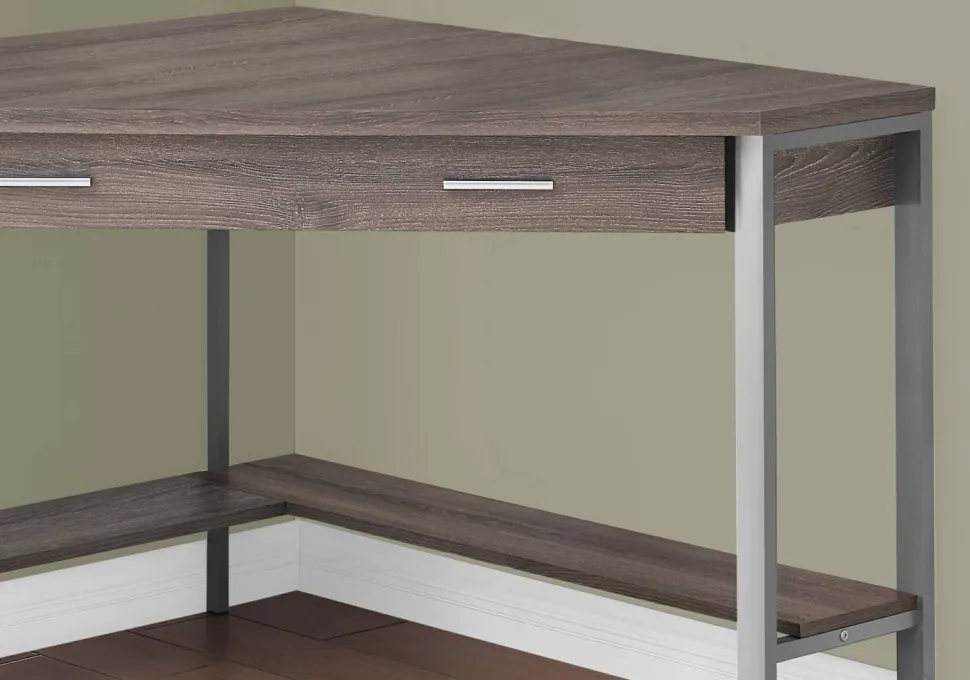 Computer Desk, Home Office, Corner, Storage Drawers, 42"L, Work, Laptop, Brown Laminate, Grey Metal, Contemporary, Modern