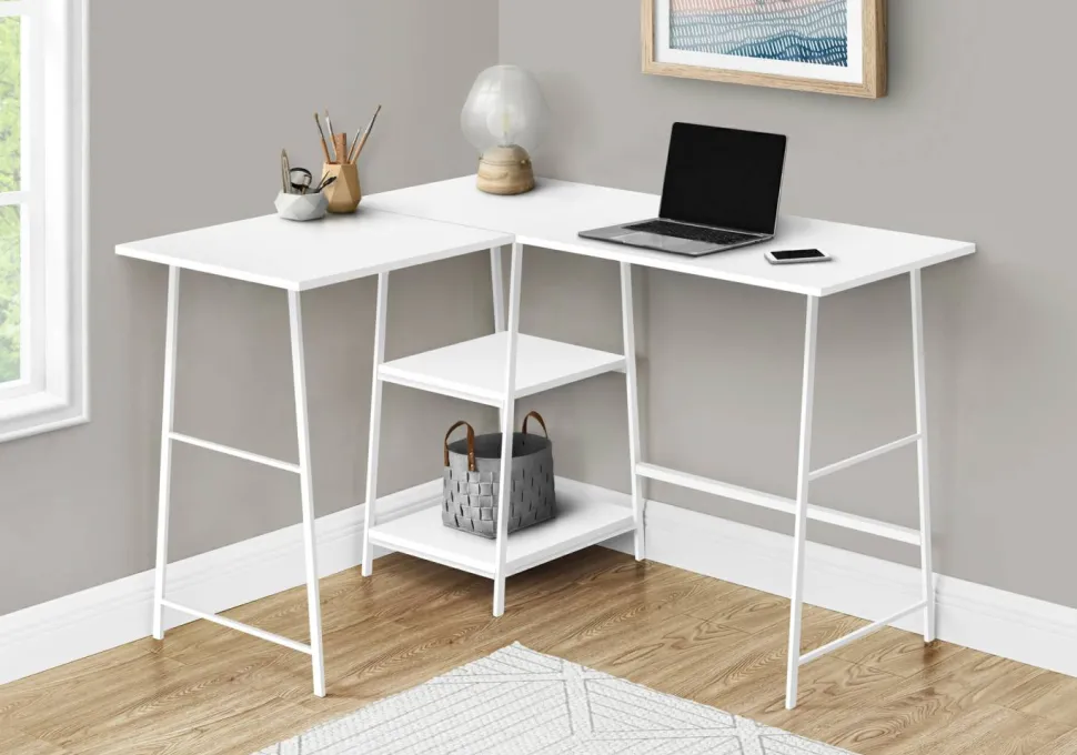 Computer Desk, Home Office, Corner, Storage Shelves, 48"L, L Shape, Work, Laptop, White Laminate, White Metal, Contemporary, Modern