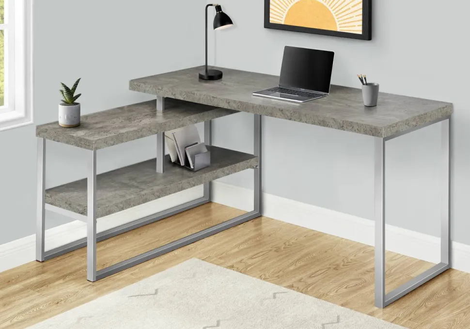 Computer Desk, Home Office, Corner, 55"L, L Shape, Work, Laptop, Grey Laminate, Black Metal, Contemporary, Modern