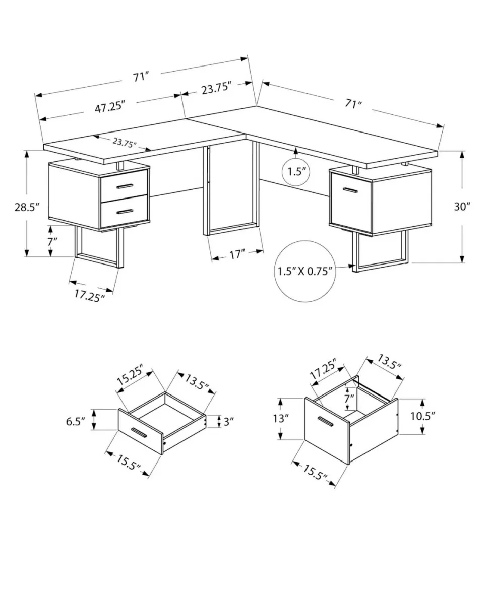Computer Desk, Home Office, Corner, Left, Right Set-up, Storage Drawers, 70"L, L Shape, Work, Laptop, Brown Laminate, Black Metal, Contemporary, Modern
