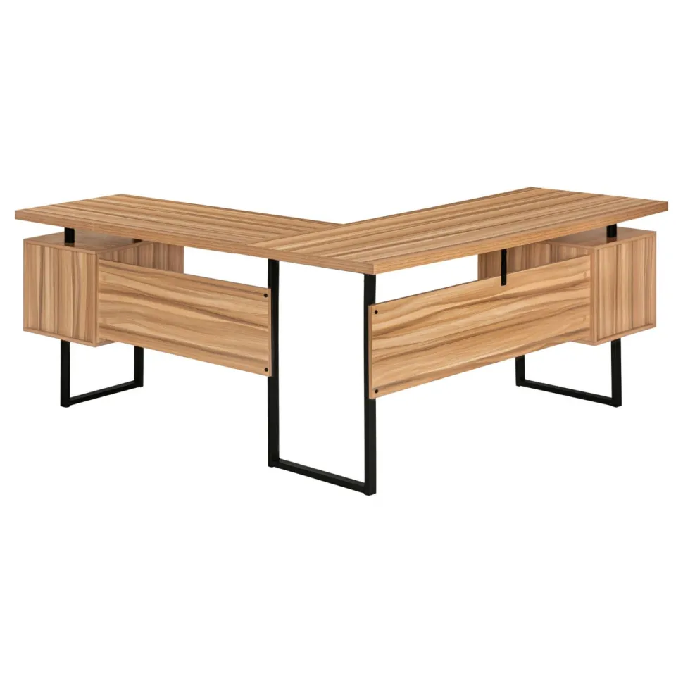 Computer Desk, Home Office, Corner, Left, Right Set-up, Storage Drawers, 70"L, L Shape, Work, Laptop, Brown Laminate, Black Metal, Contemporary, Modern